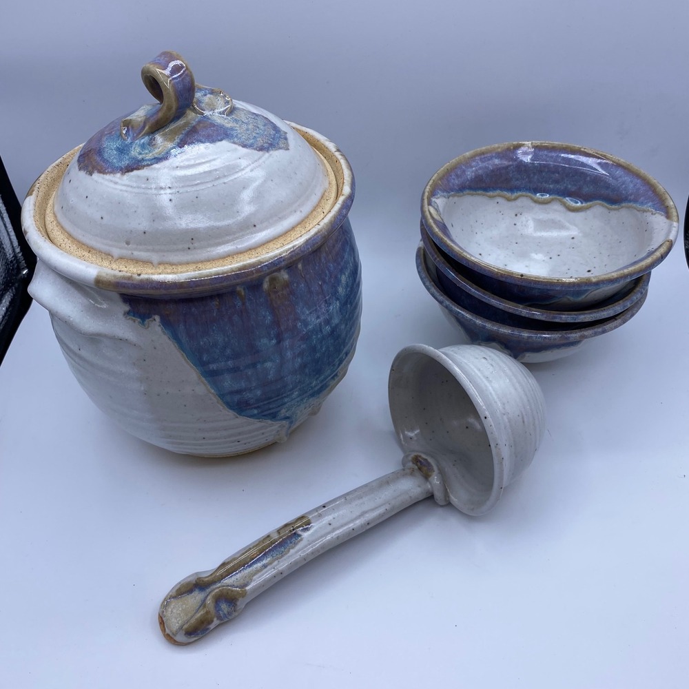 Artisan Studio Pottery 6pc Soup Tureen Set Blue White Glaze‎ Bowls Ladle 9in